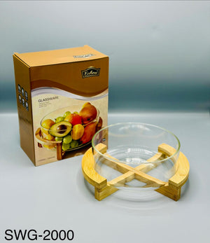 Glass serving bowl with wooden stand clear