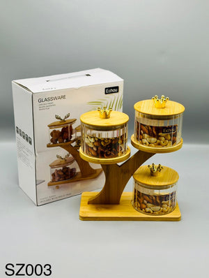 Fancy Tray Glass Jar Set, 3 clear glass jars on tray
