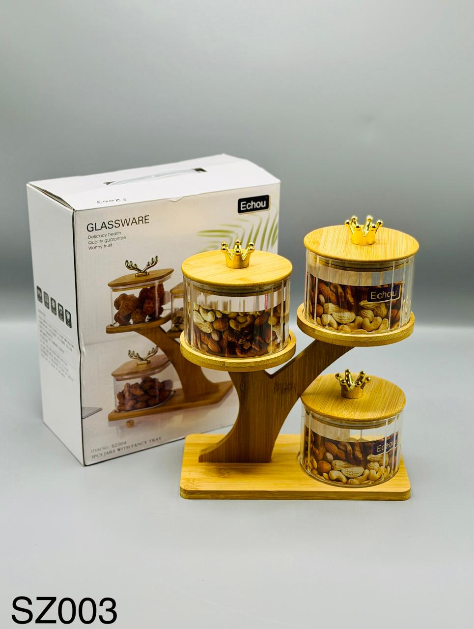 Fancy Tray Glass Jar Set, 3 clear glass jars on tray