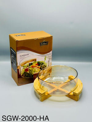 Glass serving bowl with wooden stand multi colour