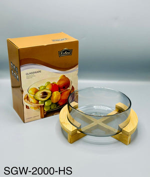 Glass serving bowl with wooden stand grey