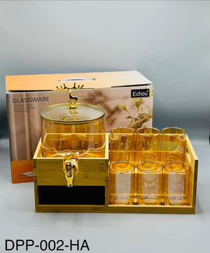 Round glass dispenser set with wooden stand 8 pieces