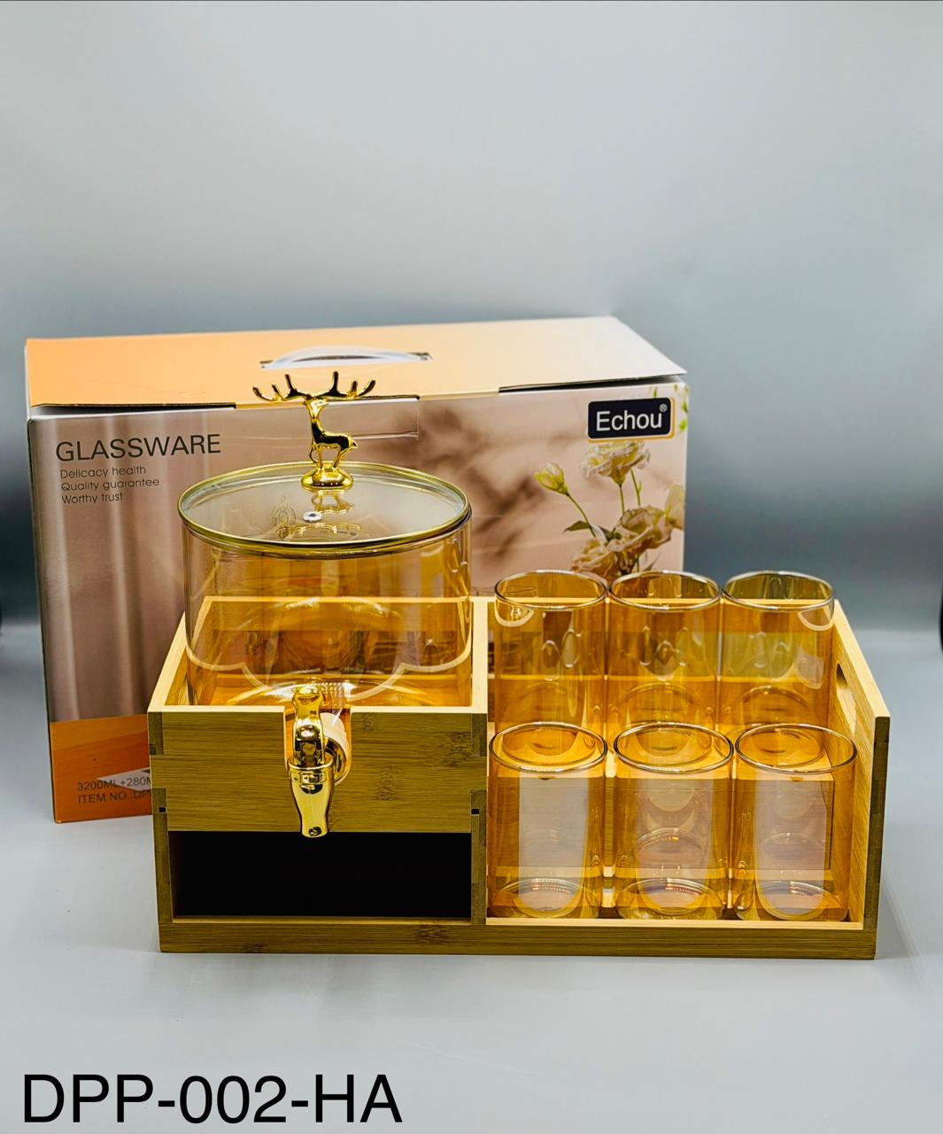 Round glass dispenser set with wooden stand 8 pieces