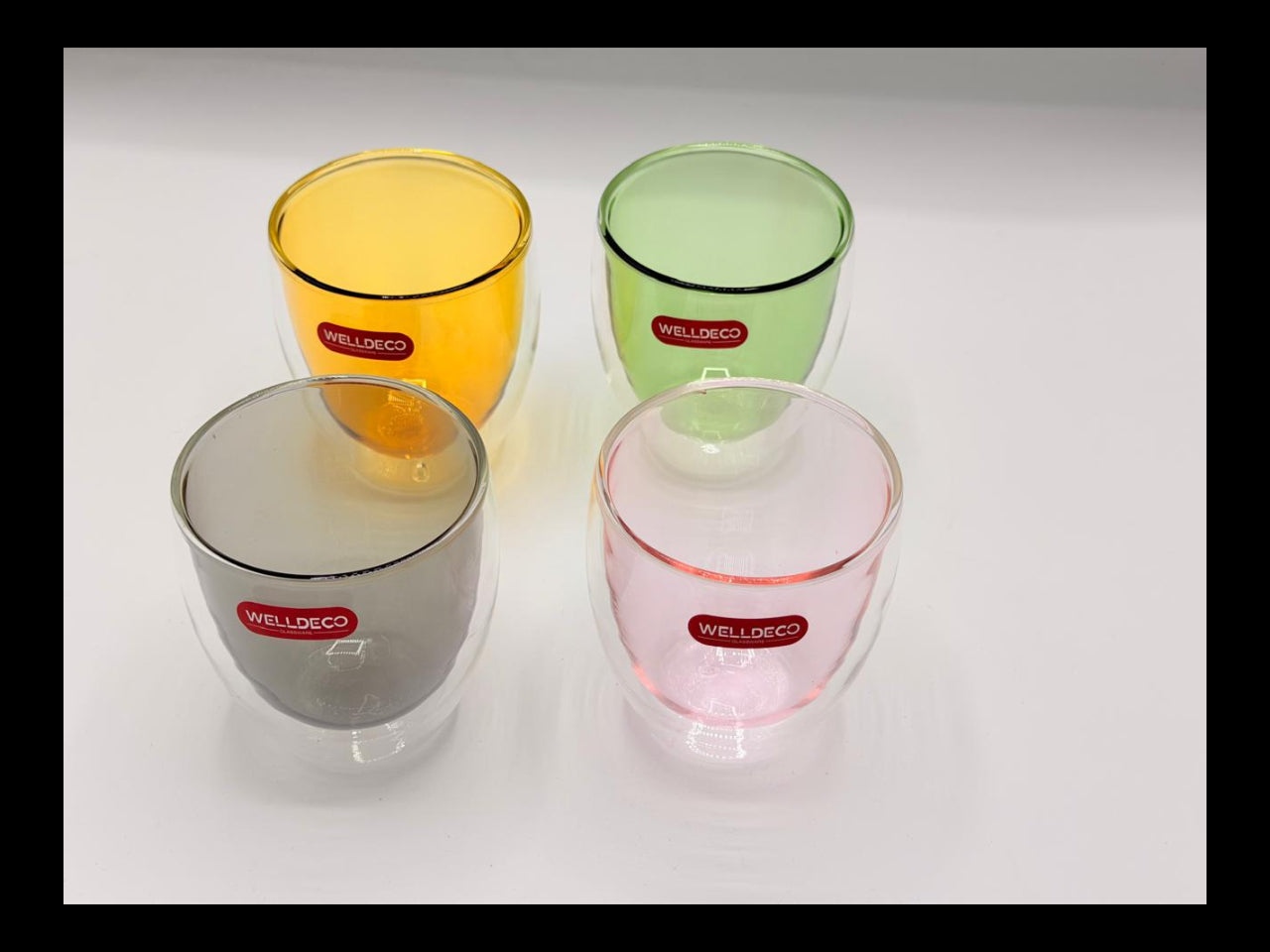 Double Wall Glass Cups (78-26) – Handleless Insulated Colored Mugs