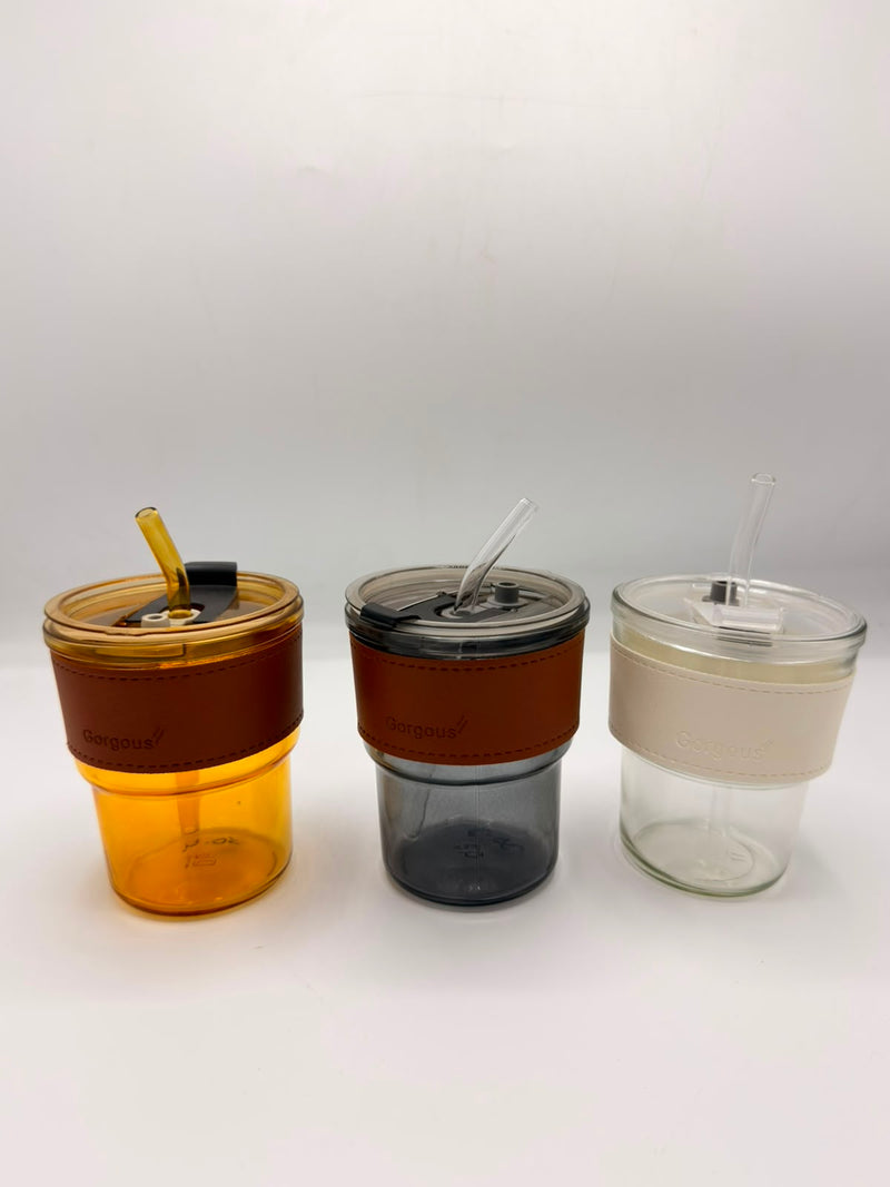 Glass Sipper With Leather and Glass Straw