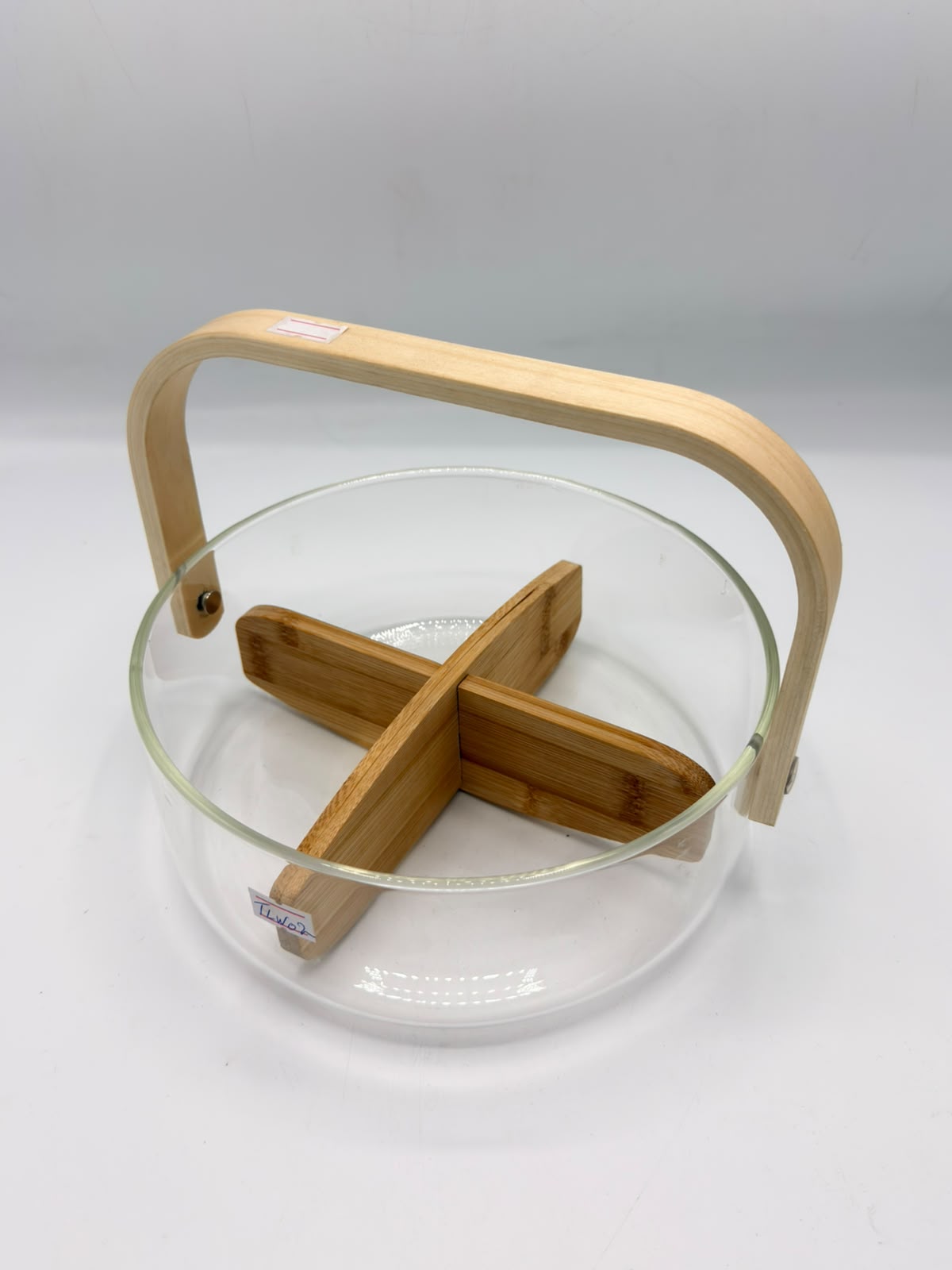 Glass Fruit Bowl (8-6) – Divided Snack Basket with Wooden Handle & Removable Divider