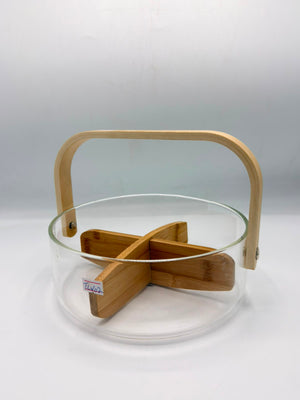Glass Fruit Bowl (8-6) – Divided Snack Basket with Wooden Handle & Removable Divider