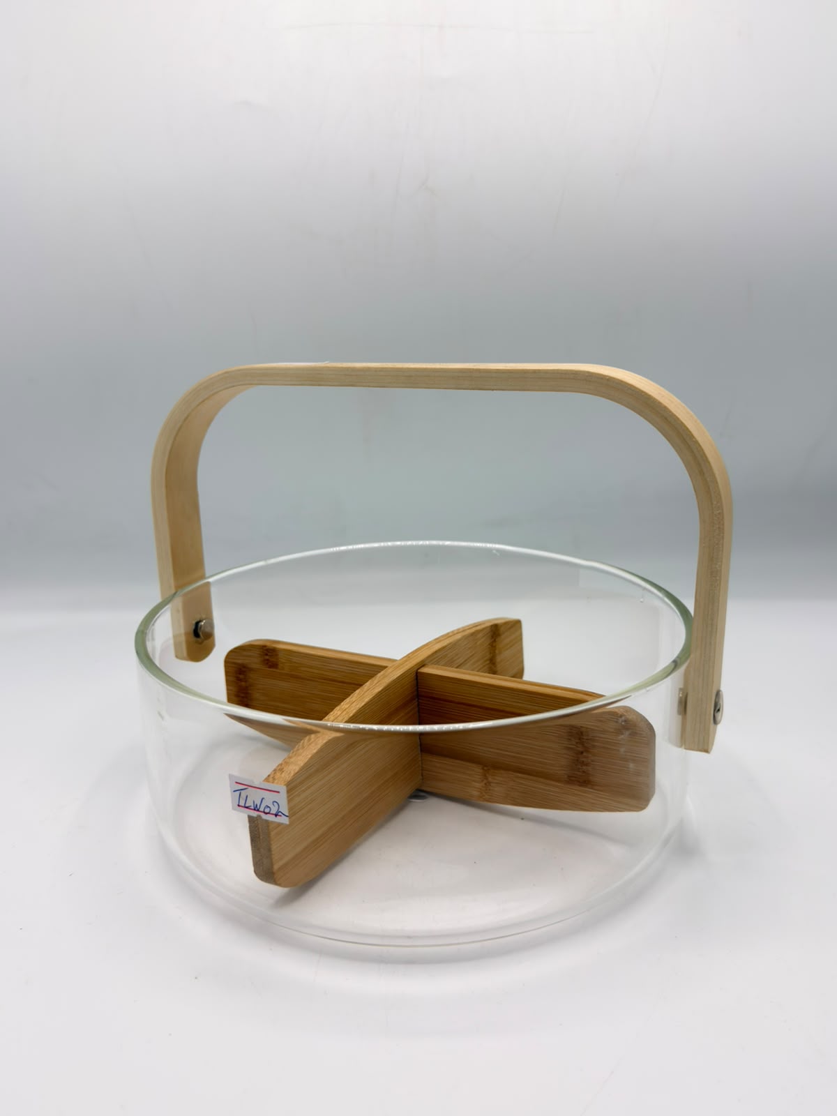 Glass Fruit Bowl (8-6) – Divided Snack Basket with Wooden Handle & Removable Divider