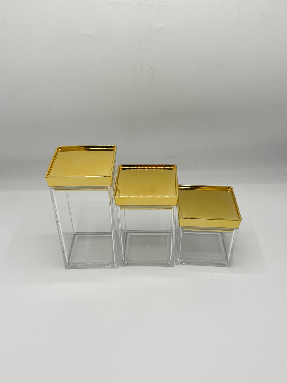 Glass Storage Canister Set (8-1) – 3-Piece Airtight Square Jars with Gold Metallic Lids