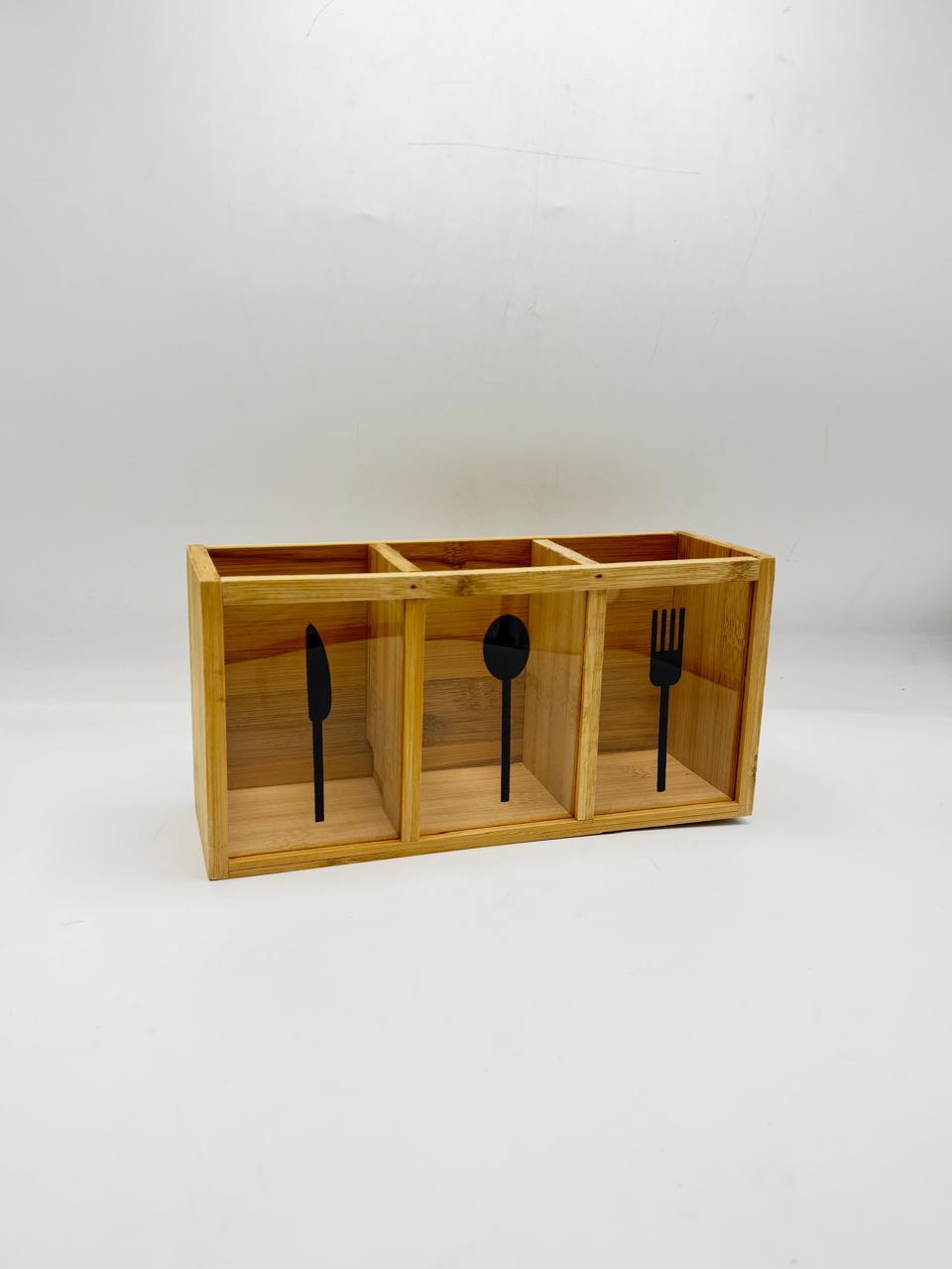 Bamboo & Acrylic 3-Compartment Cutlery Box (7-18) – Modern Countertop Utensil Caddy