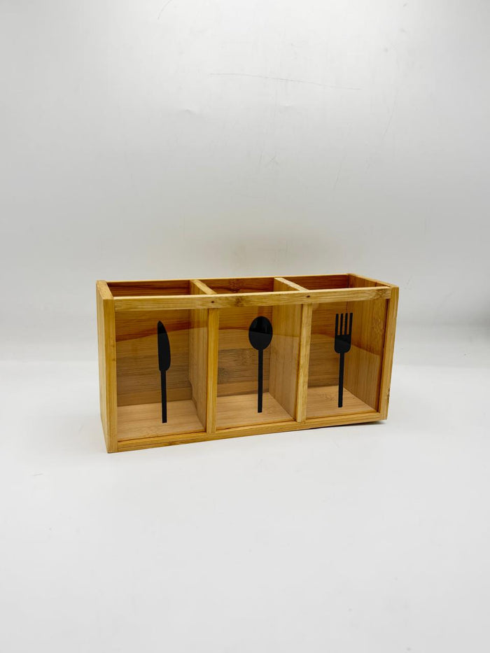 Bamboo & Acrylic 3-Compartment Cutlery Box (7-18) – Modern Countertop Utensil Caddy