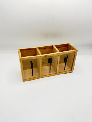Bamboo & Acrylic 3-Compartment Cutlery Box (7-18) – Modern Countertop Utensil Caddy