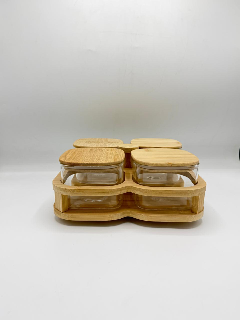Glass Container Set - 4 Piece Tiered Bamboo Holder Display