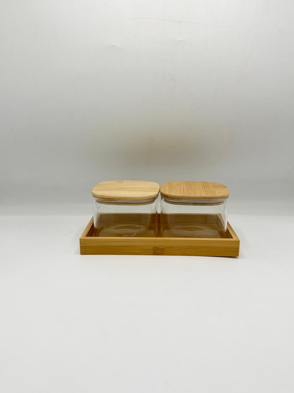 Glass Container Set - 2 Piece Bamboo Lids with Wooden Tray