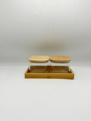 Glass Container Set - 2 Piece Bamboo Lids with Wooden Tray