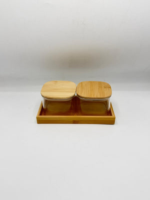 Glass Container Set - 2 Piece Bamboo Lids with Wooden Tray