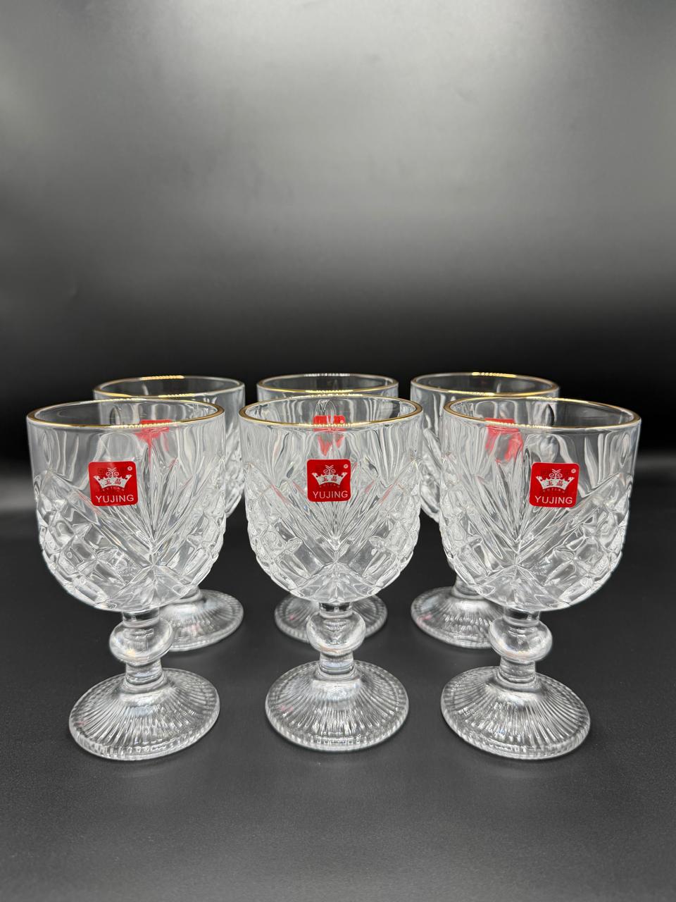 Diamond Cut Gold Rim Wine Goblet Set – 6 Piece Stemmed Glasses (72-12)