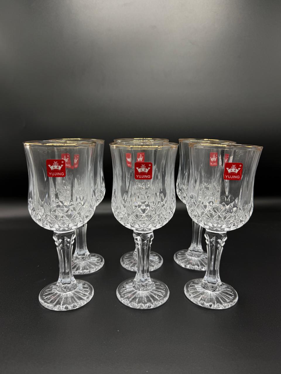 Diamond Cut Gold Rim Wine Goblet Set – 6 Piece Stemmed Glasses (72-10)