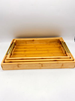 Bamboo & Plastic Tray 3-Piece Set (7-10) – Modern Right-Angle Handle Nesting Serving Trays