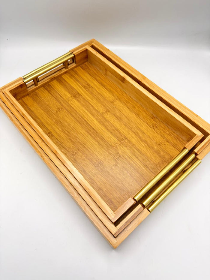 Bamboo & Plastic Tray 3-Piece Set (7-10) – Modern Right-Angle Handle Nesting Serving Trays