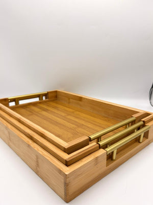 Bamboo & Plastic Tray 3-Piece Set (7-10) – Modern Right-Angle Handle Nesting Serving Trays