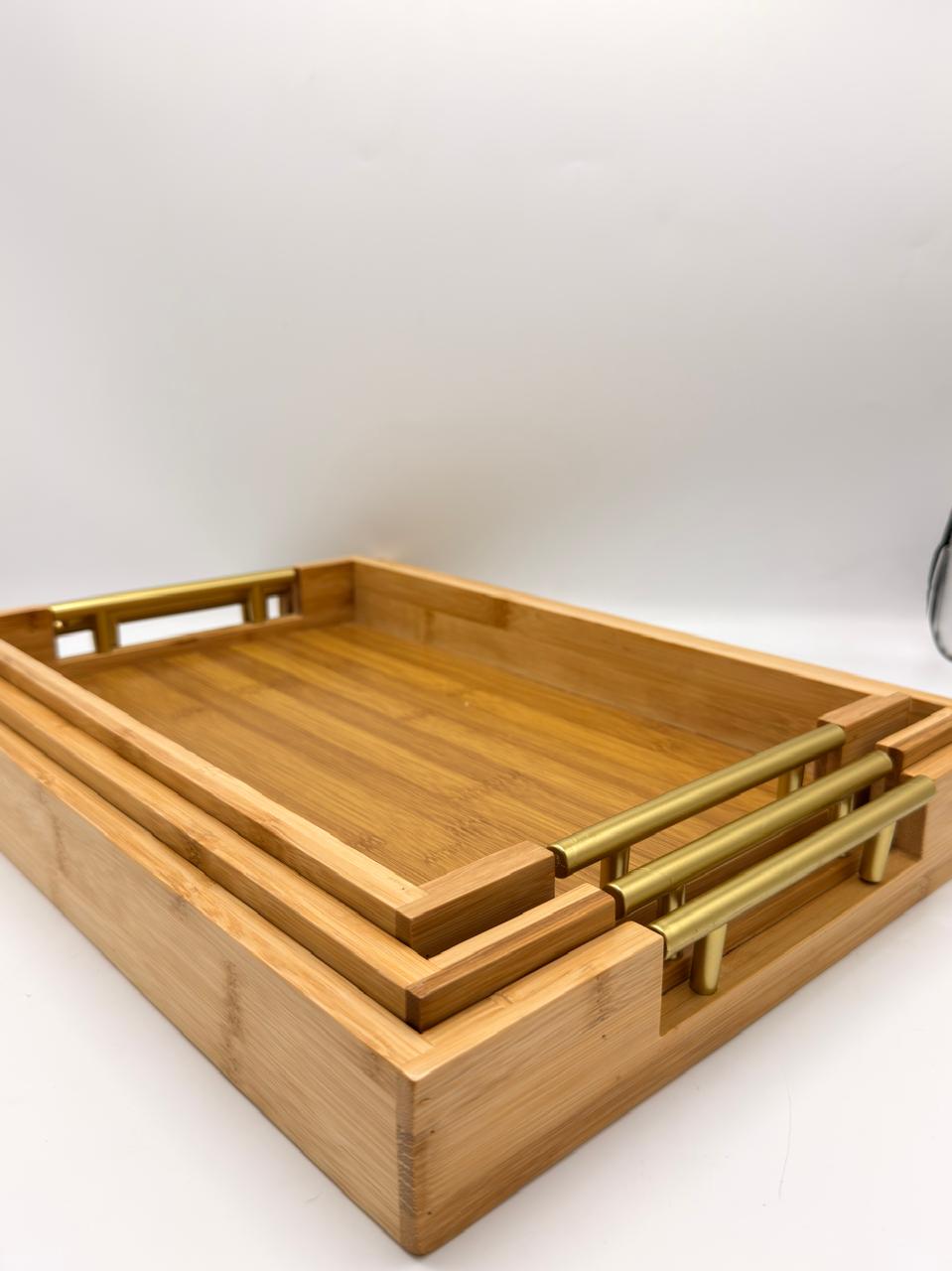 Bamboo & Plastic Tray 3-Piece Set (7-10) – Modern Right-Angle Handle Nesting Serving Trays