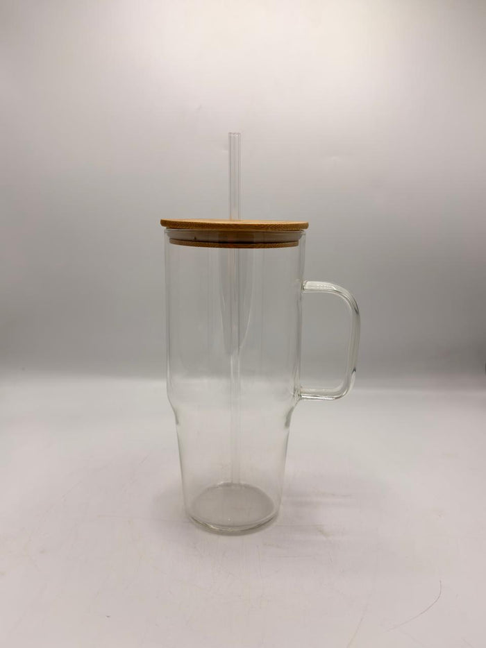 Glass Tumbler  Travel Mug with Bamboo Lid & Glass Straw - (QCB-1200BB)