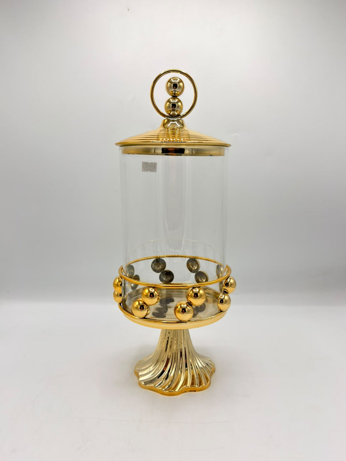 Iron Art Candy Jar Studded Glass Jar & Large Striped Pedestal Base (16-8)