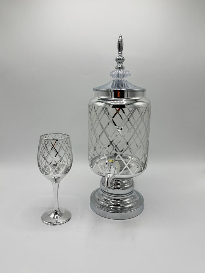 Silver Diamond-Cut Juice Dispenser & Goblet Set (6 Pcs) 17-8