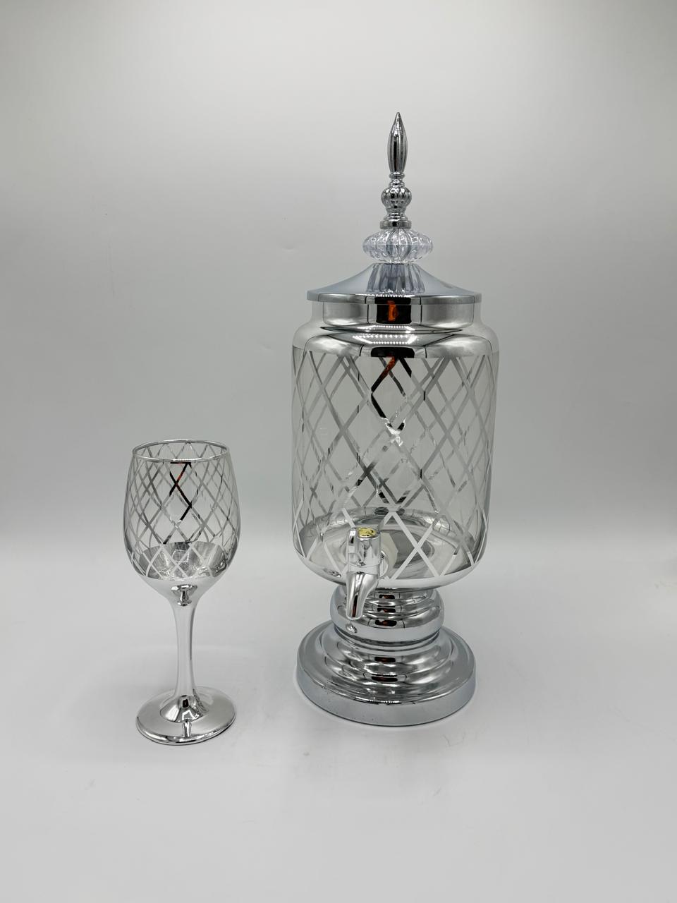 Silver Diamond-Cut Juice Dispenser & Goblet Set (6 Pcs) 17-8