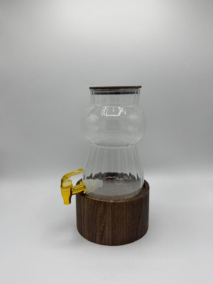 Ribbed glass dispenser with wood lid and stand