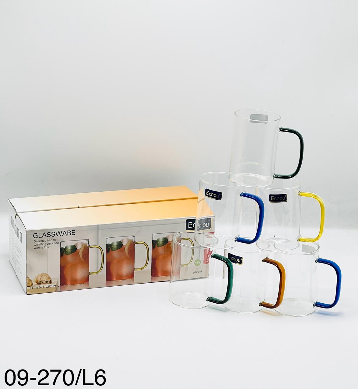 Glass Mugs Pack of 6 borosilicate 270ml mugs in mixed colors