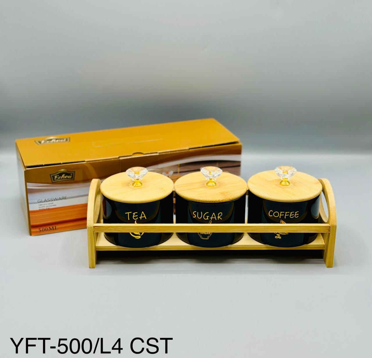 Round Glass Jar Set with Wooden Tray, 3 x 500ml jars
