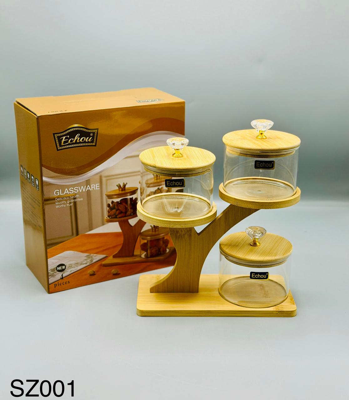 Classic Tray Glass Jar Set, 3 clear glass jars with lids on tray