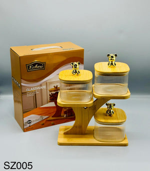 Royal Tray Glass Jar Set, 3 clear glass jars on decorative tray