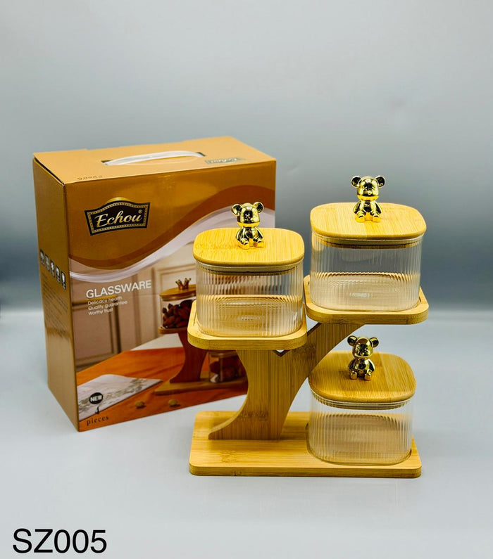 Royal Tray Glass Jar Set, 3 clear glass jars on decorative tray