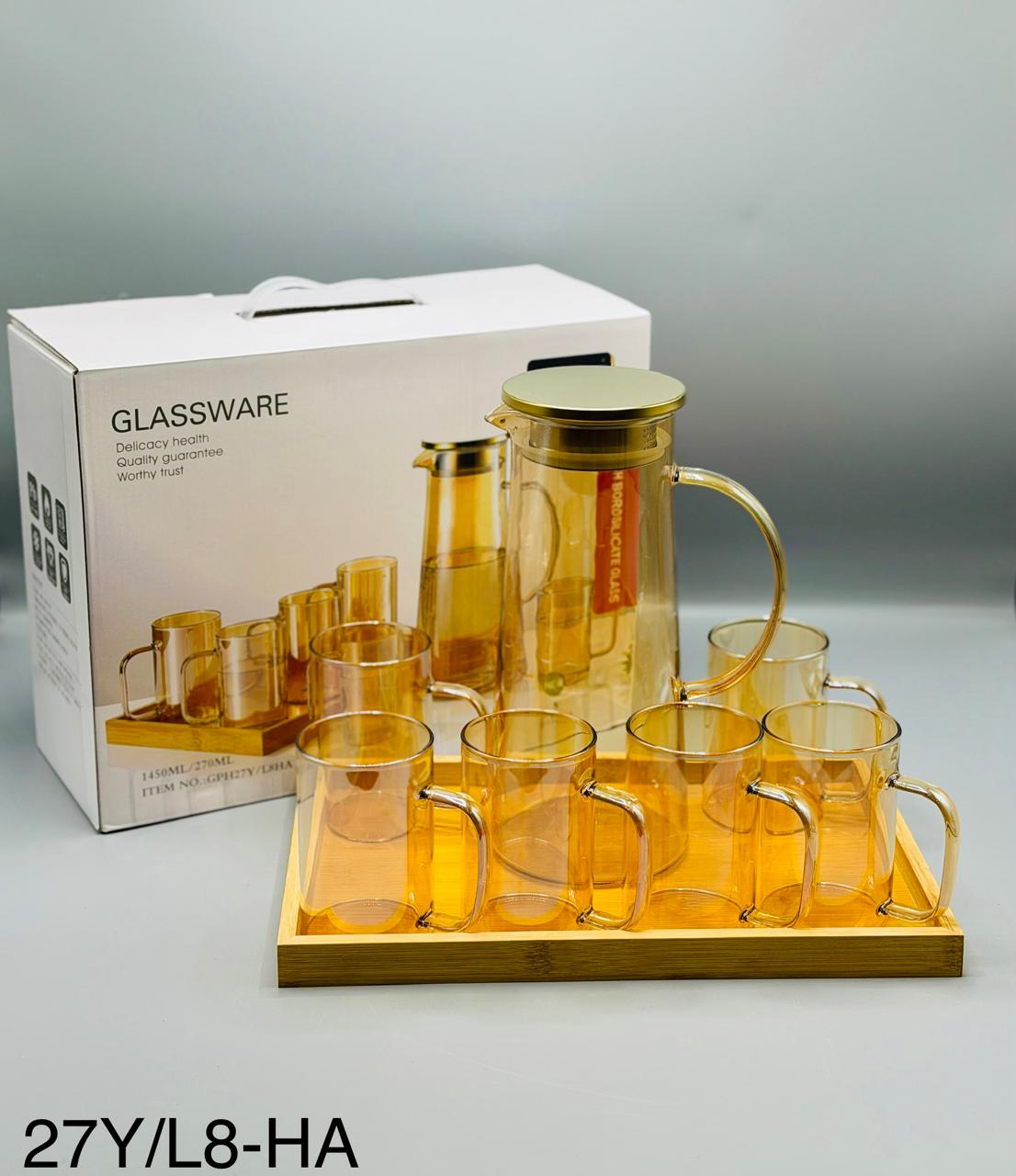 Smoky Grey Glass Pitcher Set - 6 Glasses with Brass Lid & Bamboo Tray