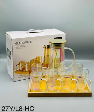 Smoky Grey Glass Pitcher Set - 6 Glasses with Brass Lid & Bamboo Tray