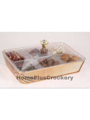 6-Grid Crystal Serving Tray (8-2) – Divided Snack Organizer with Gold Rim & Crown Knob Lid