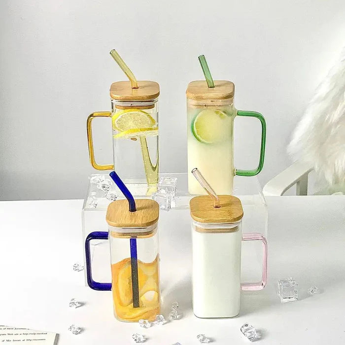 Square Glass Mug with Glass Straw and Lid Pack of 2