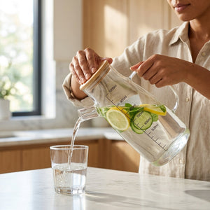 Glass Oil Dispenser Pitcher  – 1000ml Graduated Measuring Carafe with Bamboo Lid(GPY-02)