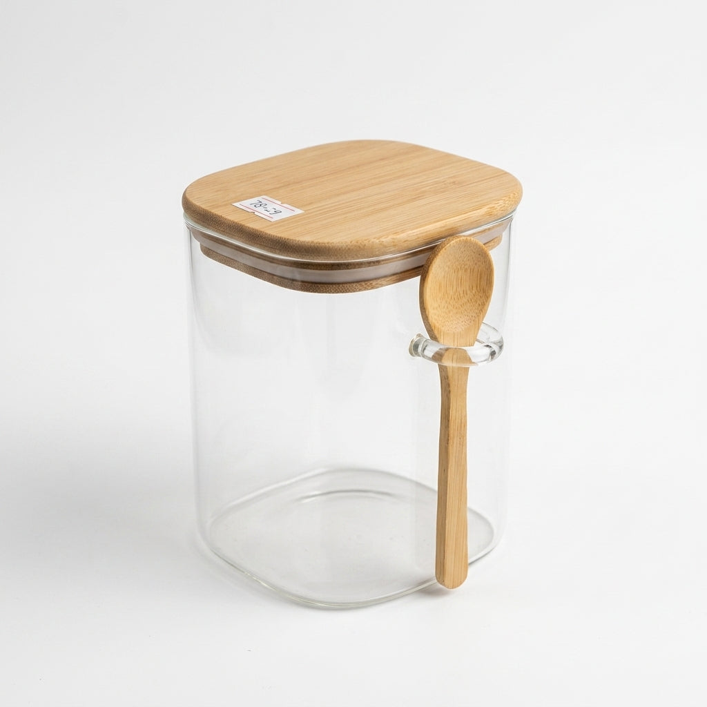 Glass Spice Canister (78-29) – Square Airtight Storage Jar with Bamboo Lid & Wooden Spoon