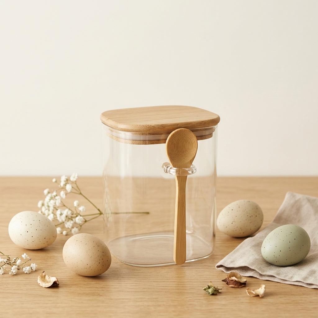 Glass Spice Canister (78-29) – Square Airtight Storage Jar with Bamboo Lid & Wooden Spoon
