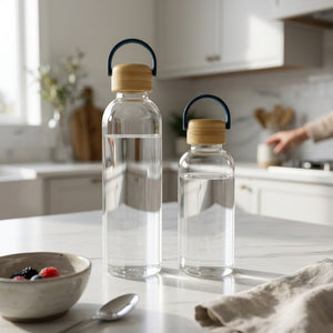 Glass Water Bottle with Wooden Cap – 500ML 750ML 1 Litre Leakproof Drinking Bottle