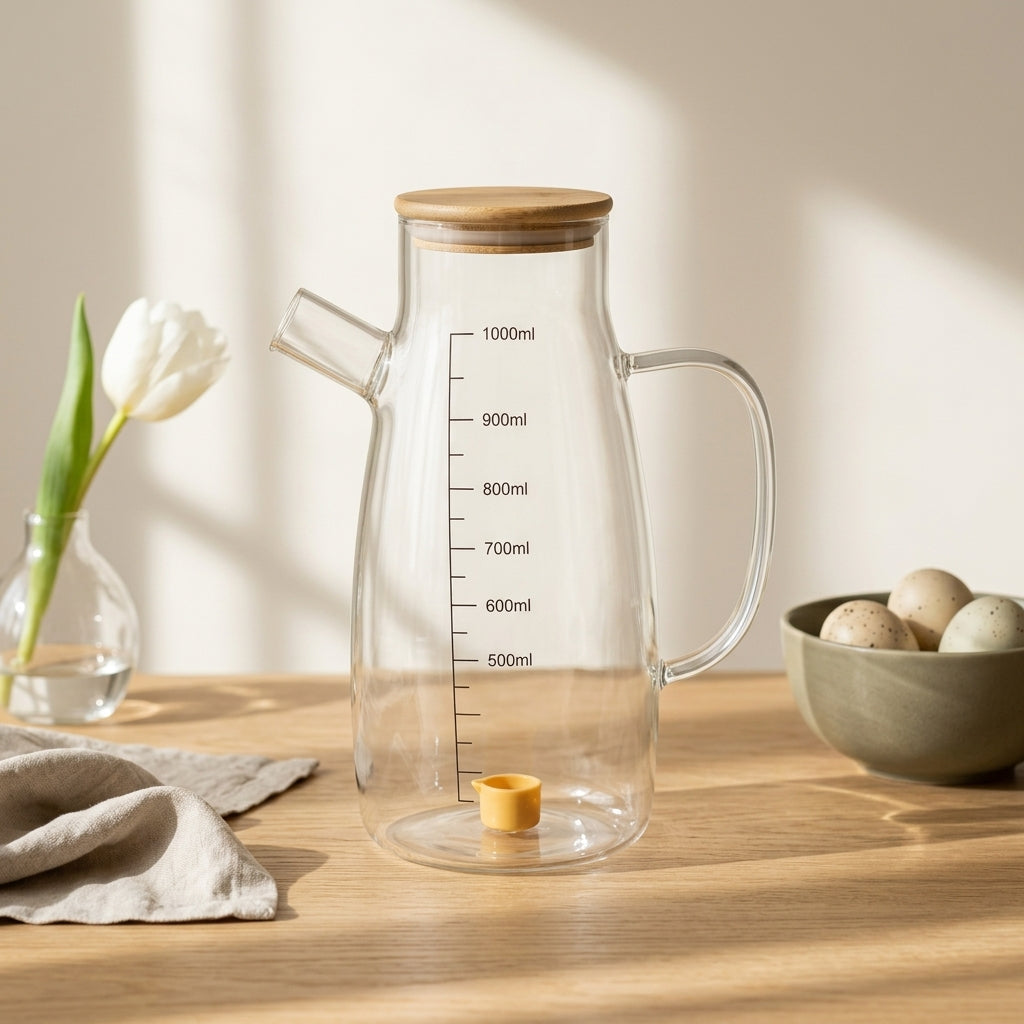 Glass Oil Dispenser Pitcher  – 1000ml Graduated Measuring Carafe with Bamboo Lid(GPY-02)