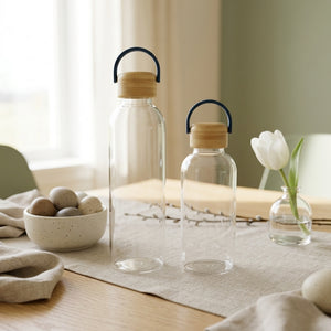 Glass Water Bottle with Wooden Cap – 500ML 750ML 1 Litre Leakproof Drinking Bottle