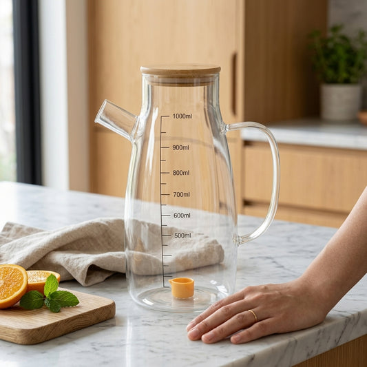 Glass Oil Dispenser Pitcher (GPY-02) – 1000ml Graduated Measuring Carafe with Bamboo Lid & Spout Cap