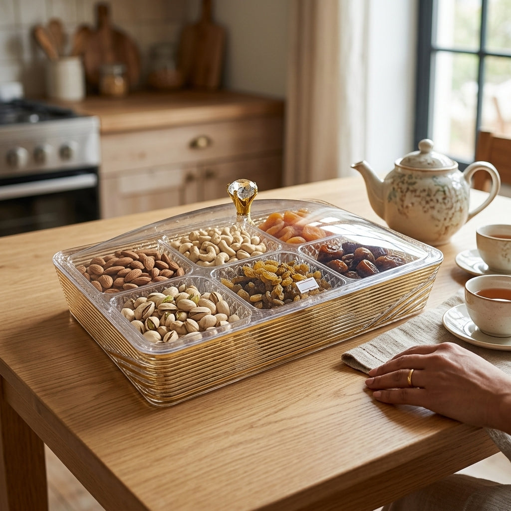 6-Grid Crystal Serving Tray (8-2) – Divided Snack Organizer with Gold Rim & Crown Knob Lid