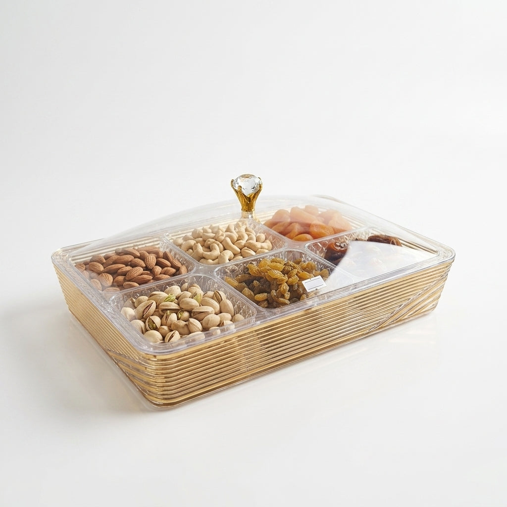 6-Grid Crystal Serving Tray (8-2) – Divided Snack Organizer with Gold Rim & Crown Knob Lid