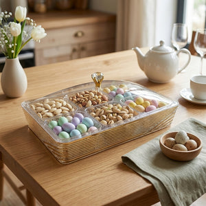 6-Grid Crystal Serving Tray (8-2) – Divided Snack Organizer with Gold Rim & Crown Knob Lid